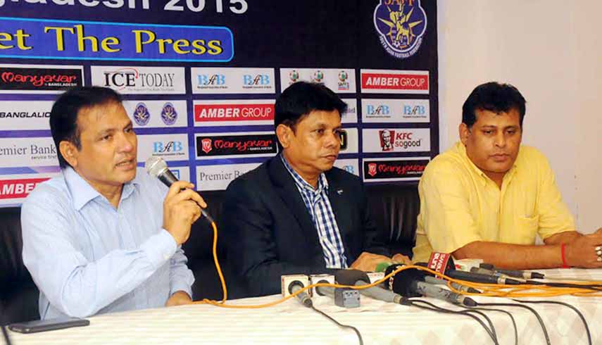 Chairman of the Organizing Committee of the SAFF Under-16 Championship Badal Roy speaking at a press conference in Sylhet on Saturday.