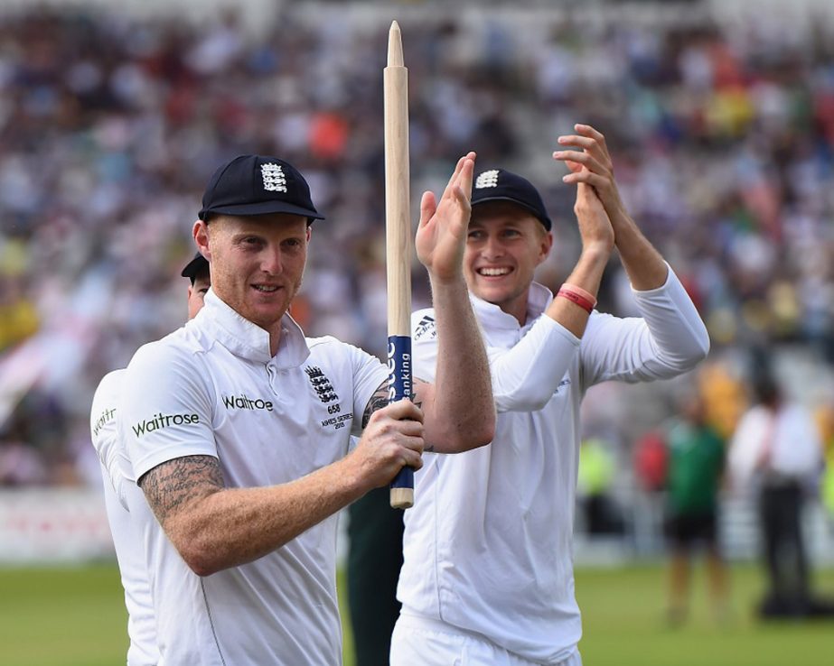 Ben Stokes and Joe Root salute the crowd during day three of the 4th Investec Ashes Test match between England and Australia at Trent Bridge in Nottingham, United Kingdom on Saturday.