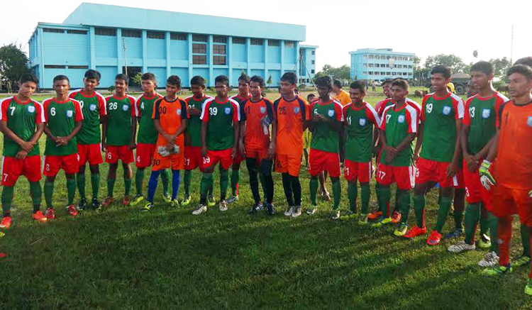 Bangladesh Under-16 Football team taking part at their practice session at the BFF Academy in Sylhet on Saturday.