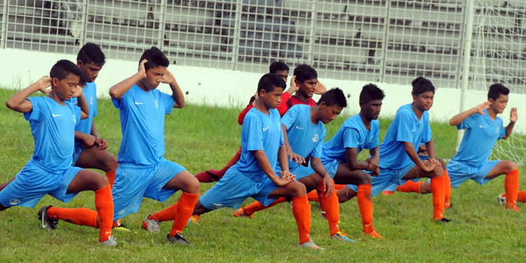 India Under-16 Football team during their practice session at the Sylhet Stadium in Sylhet on Saturday.
