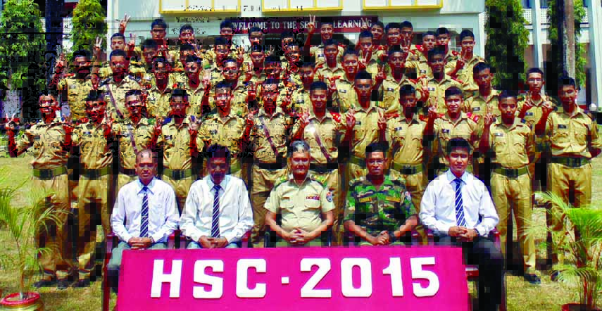 Students of Rajshahi Cadet College obtained highest pass rate at the HSC exam this year among all Education Board rejoicing with V-sign on Sunday.