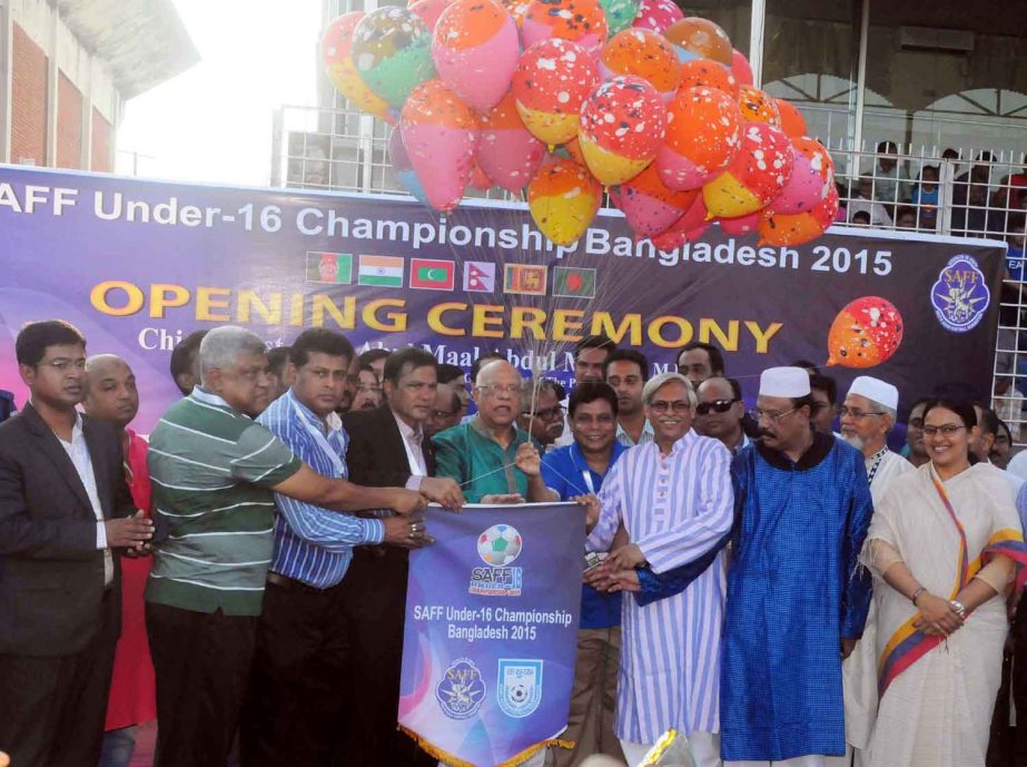 Minister for Finance Abul Maal Abdul Muhith inaugurating the SAFF Under-16 Championship by releasing the balloons as the chief guest at Sylhet Divisional Stadium on Sunday.