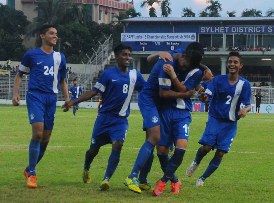 Players of India Under-16 Football team celebrate after scoring a goal against Sri Lanka Under-16 Football team during their match of the SAFF Under-16 Championship at Sylhet Divisional Stadium on Sunday.