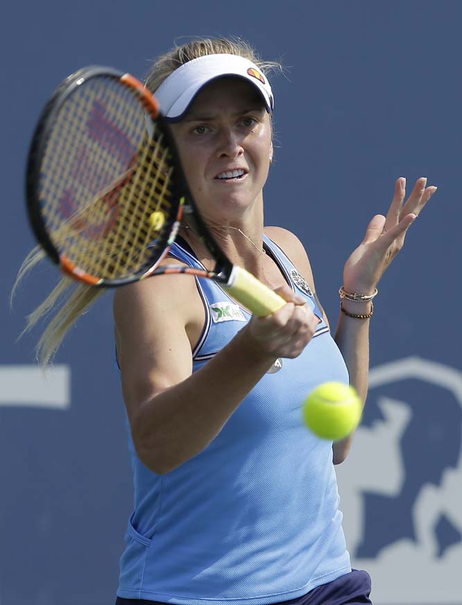 Elina Svitolina from Ukraine returns the ball to Angelique Kerber from Germany during a semifinal in the Bank of the West Classic tennis tournament in Stanford, Calif on Saturday. Kerber won 6-3, 6-1.