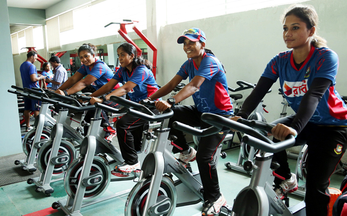 Players of Bangladesh Women Cricket team took part in the practice session at the Mirpur Academy Gymnasium on Monday.