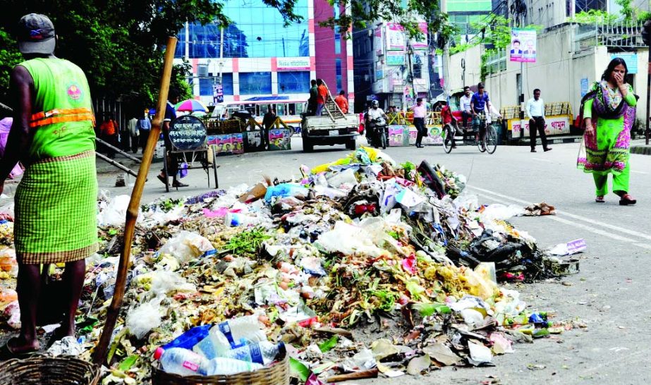 Wastes and garbage being regularly dumped on the road in front of Muktijuddha Affairs Ministryâ€™s western side of the Secretariat. Though Nagar Bhaban is not far off from the spot, DSCC men seemed to have kept their eyes shut. This photo was taken o