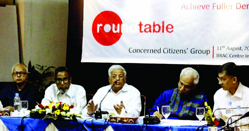 Former Chief Election Commissioner Dr ATM Shamsul Huda speaking at a roundtable on 'Power controlling for full democracy and balance' organized by Uddigna Nagorik Samaj at BRAC Inn Center in the city on Tuesday.