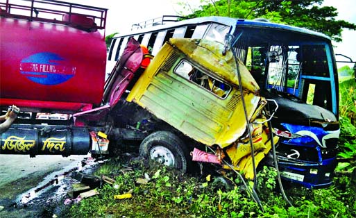Two persons were killed and ten others injured in a head-on collision between a passenger-bus and a oil-tanker on the highway at Boraigram in Natore on Tuesday. Banglar Chokh