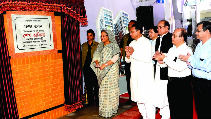 Prime Minister Sheikh Hasina unveiled the plaque of construction work of Tathya Bhaban at DAP office in the city's Circuit House Road on Wednesday. BSS photo