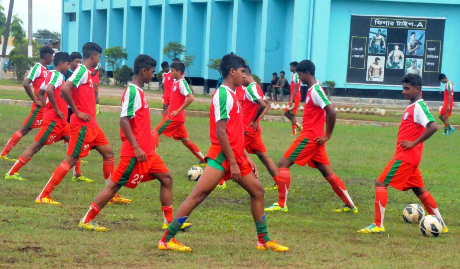 Players of Bangladesh Under-16 Football team during their practice session at the BFF Academy in Sylhet on Wednesday.