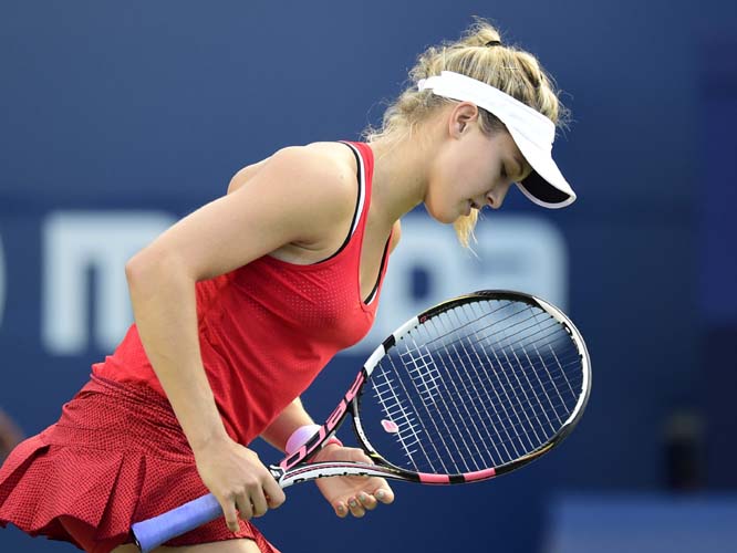 Eugenie Bouchard of Canada reacts after losing a point to Belinda Bencic of Switzerland at the Rogers Cup tennis tournament in Toronto on Tuesday.