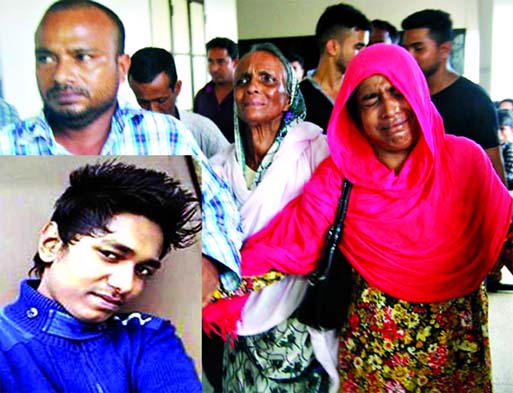 Wailing relatives of BCL activist (inset) who was killed in factional clashes over establishing supremacy at Madanmohan College in Sylhet on Wednesday.