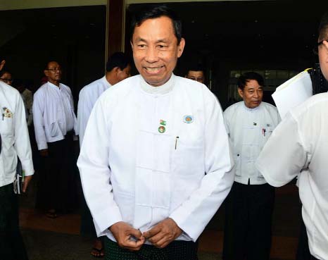 Myanmar's Parliament speaker Shwe Mann leaves after a press conference at the Union Solidarity and Development Party headquarters in Naypyitaw, Myanmar.