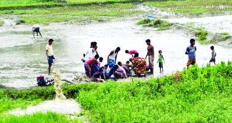 COMILLA: Villegers are busy in fishing as the flood water has been receding . This picture was taken from Nangol Coat on Wednesday.