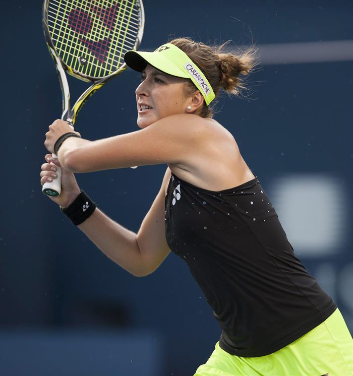 Switzerland's Belinda Bencic in action against Serena Williams of the US in their semifinal match at the Rogers Cup women's tennis tournament in Toronto, Canada on Saturday. Bencic defeated Williams.