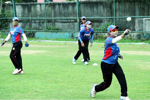 Players of Bangladesh Women Cricket team during a practice session at Mirpur on Monday.