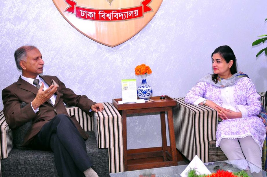Director, Society of South Asia British Council, Shazia Khawak talks matters of interest with DU VC Prof Dr AAMS Arefin Siddique on Monday at the latter's office in the city.