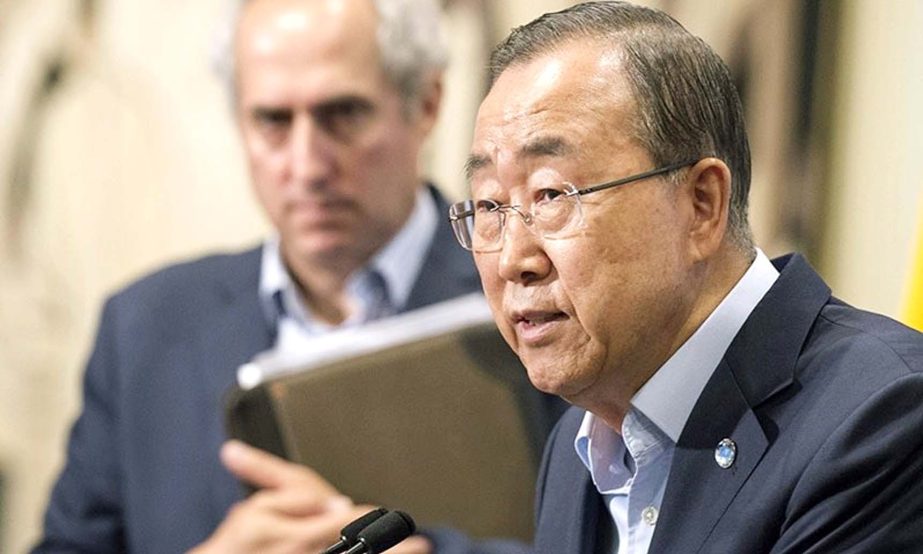 United Nations Secretary-General Ban Ki-moon talking to newsmen at a press conference.