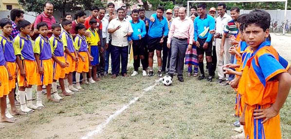 DC of Chapainawabganj district Jahangir Kabir formally opens the Bangabandhu Sheikh Mujibur Rahman and Bangamata Begum Fazilatunnesa Mujib Gold Cup Football Tournament at the Harimohon Government High School Ground in Chapainawabganj on Wednesday.