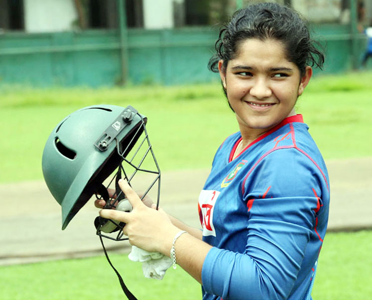 A member of Bangladesh National Women Cricket team during the practice session at the BCB-NCA Ground in Mirpur on Wednesday.