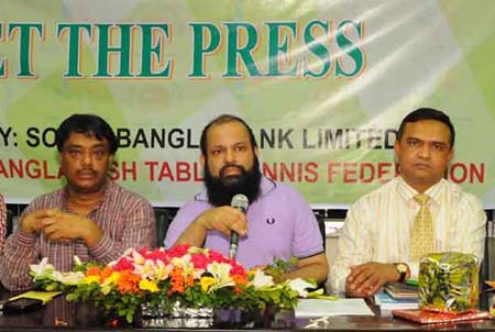 General Secretary of Bangladesh Table Tennis Federation Khondker Hasan Munir speaking at a press conference at the Auditorium of Shaheed Tajuddin Ahmed Indoor Stadium on Thursday.