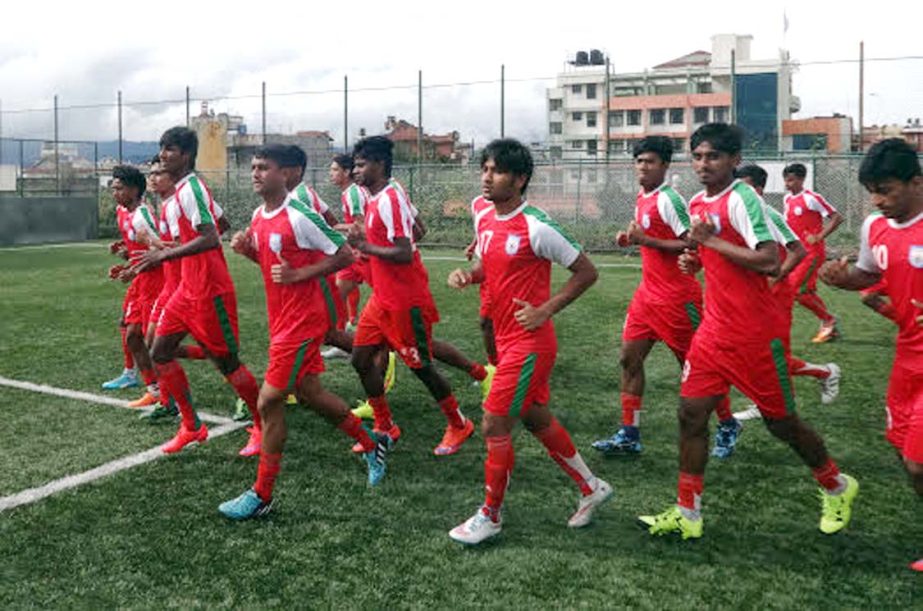 Members of Bangladesh Under-19 Football team during their practice session at the ANFA Academy Ground in Kathmandu, Nepal on Friday.