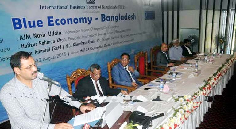 CCC Mayor AJM Nasiruddin speaking at a seminar on 'Blue Economy Bangladesh' as Chief Guest organised and arranged by International Business Forum Bangladesh (IBFB) Chittagong Unit yesterday. Rear Admiral (Rtd) Khurshid Alam, Foreign Secretary of Maritim