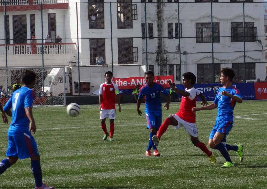 Action from the SAFF Under-19 Championship match between Bangladesh and Nepal at the ANFA Complex in Kathmandu on Monday.