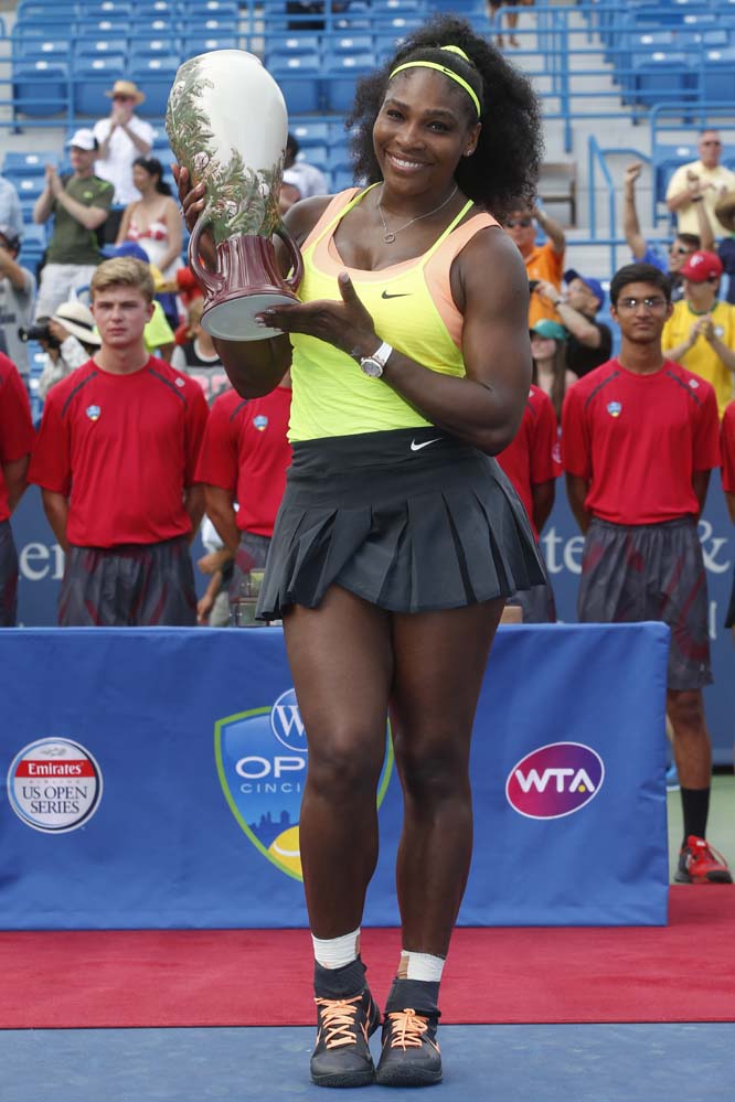 Serena Williams of the United States holds the Rookwood Cup after defeating Simona Halep of Romania in the women's final at the Western & Southern Open tennis tournament in Mason, Ohio on Sunday.