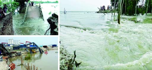 In pictures: (1) Dubachhari Bridge at Kurigram Nageswari Poura collapsed causing sufferings to 30 thousand villagers; (2) (Bottom-left) - Dockyard of China major bridge and huge materials for the bridge washed away by heavy current in the river Mawa at Mu