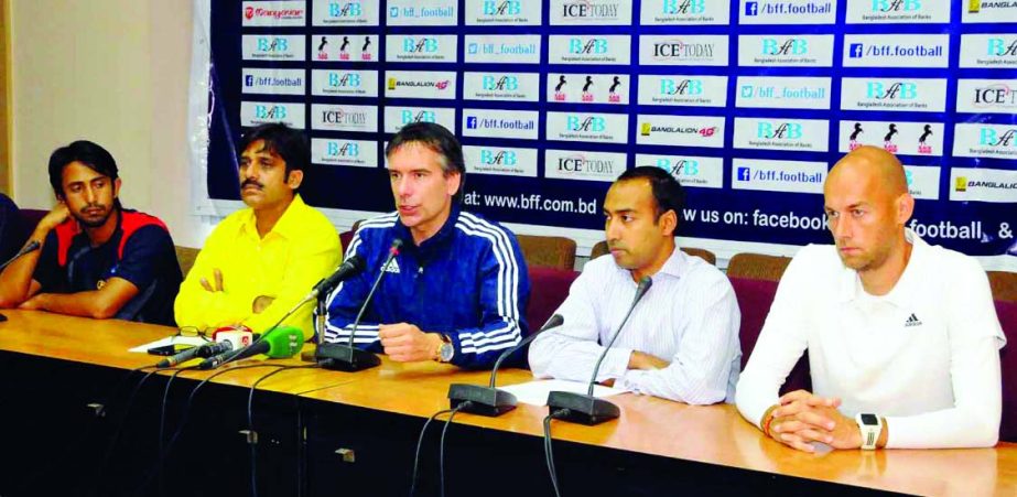 Head Coach of Bangladesh National Football team Lodewijk de Kruif speaking at a press conference at the conference room of BFF House on Tuesday.