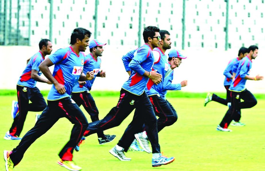 Players of Bangladesh National Cricket team taking part at their practice session at the Sher-e-Bangla National Cricket Stadium in Mirpur on Tuesday.