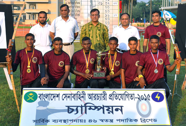 66 Infantry Division, the champions of the Bangladesh Army Archery Competition with Chief of General Staff of Bangladesh Army Lieutenant General Sabbir Ahmed pose for a photo session at the Dhaka Cantonment on Wednesday.