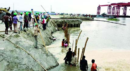 Construction yard of Padma Bridge at Louhajang point was devoured by fresh erosion. Bamboos being used to tame the erosion. This photo was taken on Wednesday.
