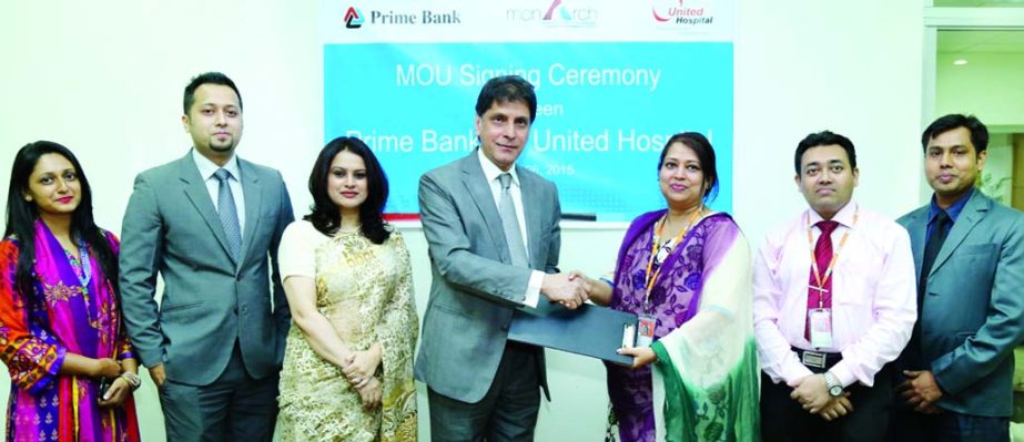 AOM Rashed, Senior Executive Vice President and Head of International Division and Marketing Divisions of Prime Bank and Dr Shagufa Anwar, Chief of Communication and Business Development of United Hospital sign MoU at the hospital premises recently.