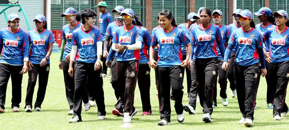 Members of Bangladesh National Women's Cricket team during their practice session at the BCB-NCA Ground in Mirpur on Thursday.