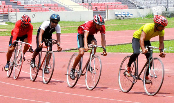 Members of Bangladesh Cycling team during their practice session at the Bangabandhu National Stadium on Thursday.