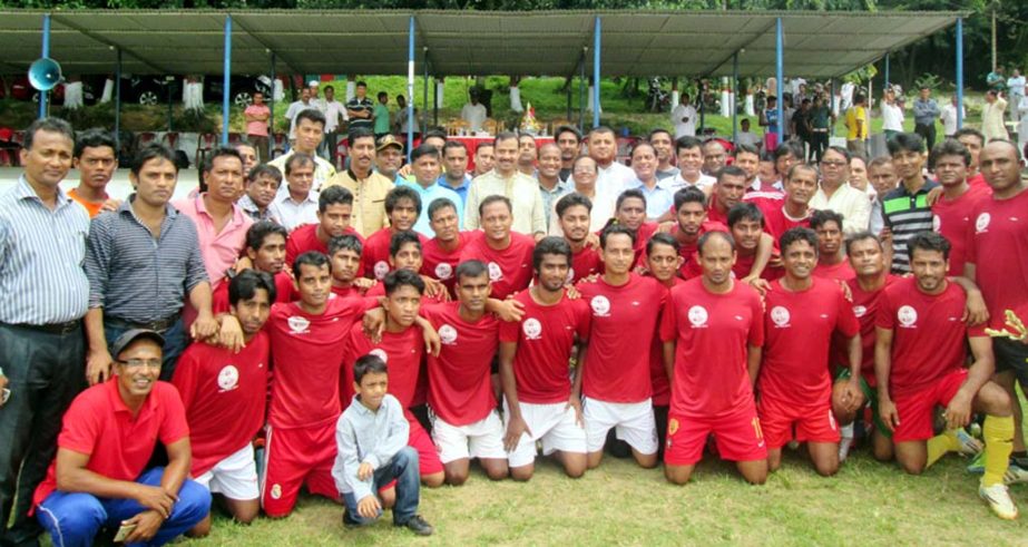 CCC Mayor Alhaj AJM Nasir Uddin poses with the players and officials of CCC under sixteen football practice camp on Friday.