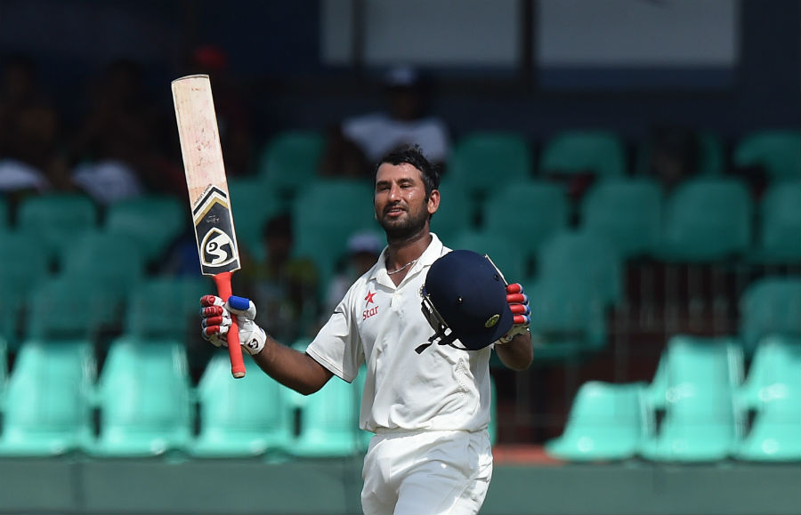 Cheteshwar Pujara acknowledges the applause after making hundred on the 2nd day of 3rd Test between Sri Lanka and India at SSC, Colombo on Saturday.