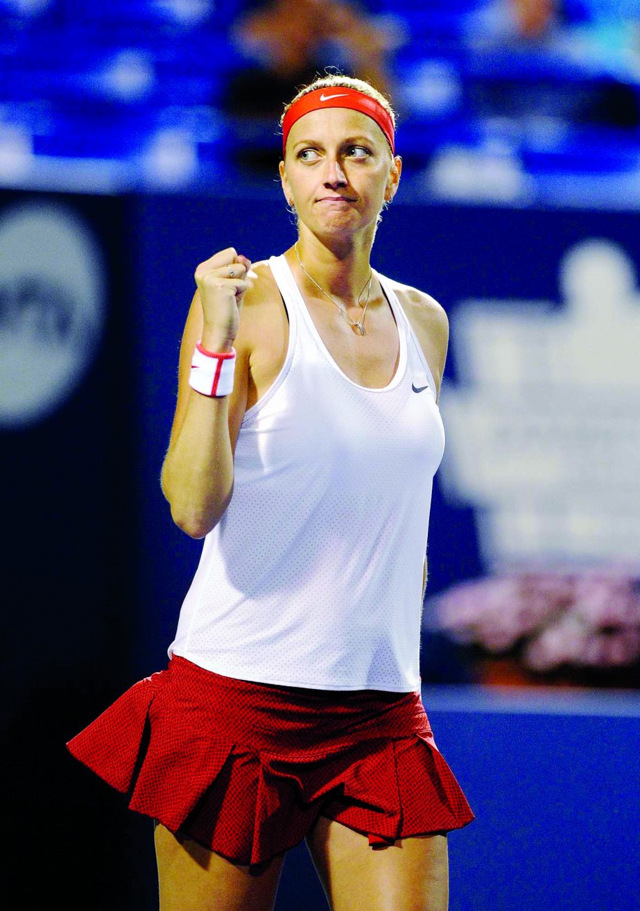 Petra Kvitova of the Czech Republic celebrates after defeating Caroline Wozniacki of Denmark 7-5, 6-1 in a semifinal at the Connecticut Open tennis tournament in New Haven, Conn on Friday.