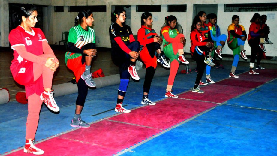 Players of National Women Kabaddi team took part a practice session at the Sultana Kamal Sports Complex in Dhanmondi on Saturday.