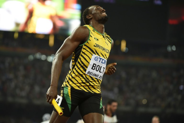 Jamaica's Usain Bolt crosses the finish line to win for the Jamaican team the final of the men's 4x100 metres relay athletics event at the 2015 IAAF World Championships at the "Bird's Nest"" National Stadium in Beijing on Saturday."