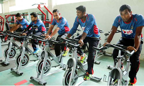 Players of Bangladesh National Cricket team during their training session at the Gymnasium of Sher-e-Bangla National Cricket Stadium in Mirpur on Sunday.