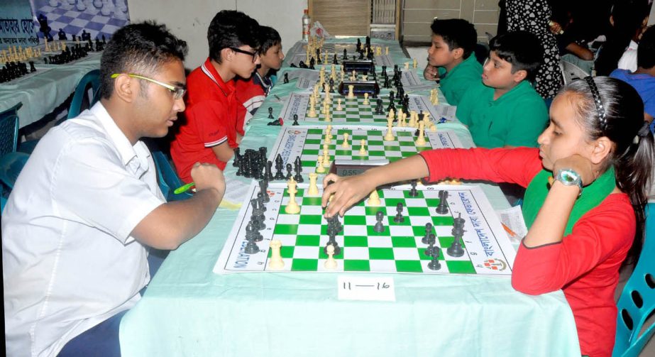 A moment of the second round games of 34th National Sub-Junior (Under-16) Chess Championship at Bangladesh Chess Federation hall-room on Sunday.