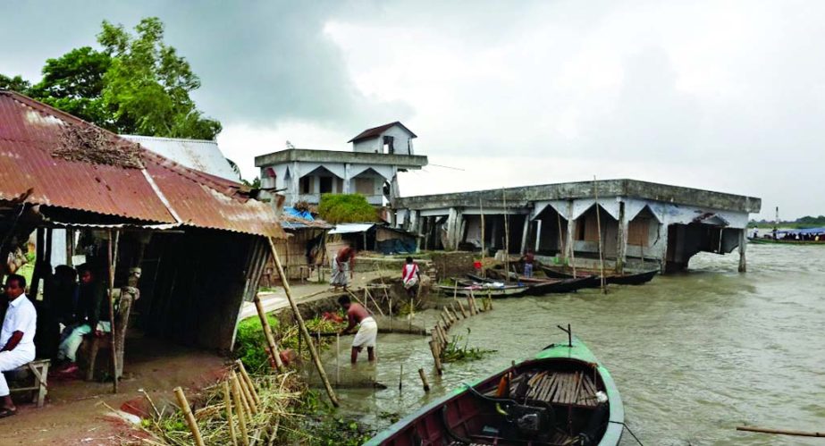 Some establishments collapsed due to erosion in Padma river at Kharia area of Kumar Bhog Upazila in Louhajong. This photo was taken on Sunday.