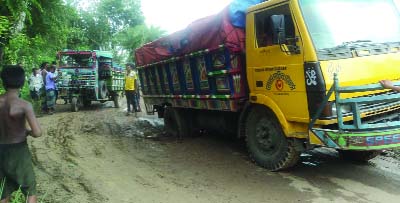 DUPCHANCHIA(Bogra): Heavy vehicles are unable to move on Dupchacnia- Akkelpur Road near Islampur area due to dilapidated condition of road . This picture was taken on Sunday.