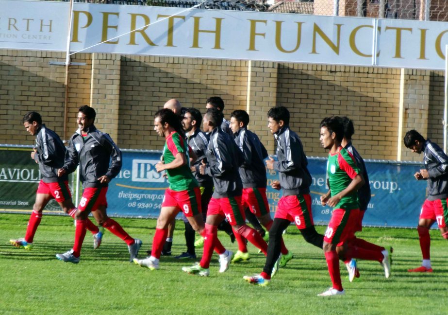 Bangladesh National Football team's players during their two hours practice session at Perth Soccer Club ground, Dorrein Garden, Australia on Monday.