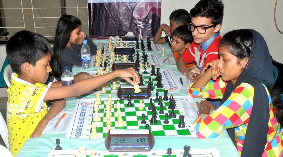 A moment of the third round games of 34th National Sub-Junior (Under-16) Chess Championship at Bangladesh Chess Federation hall-room on Monday.