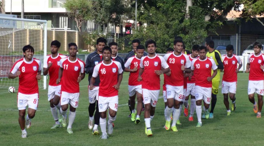 Members of Bangladesh National Football team taking part at the practice session at the Perth Soccer Club Ground in Perth, Australia on Tuesday.