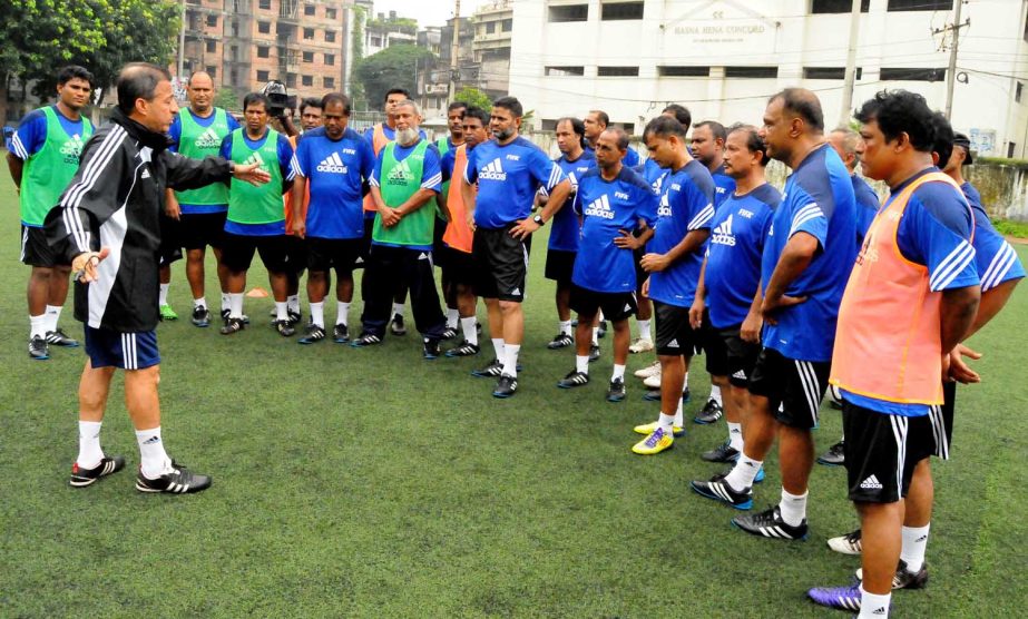 The participants of the FIFA Elite Coaching Course during their training session at the BFF Artificial Turf on Tuesday.